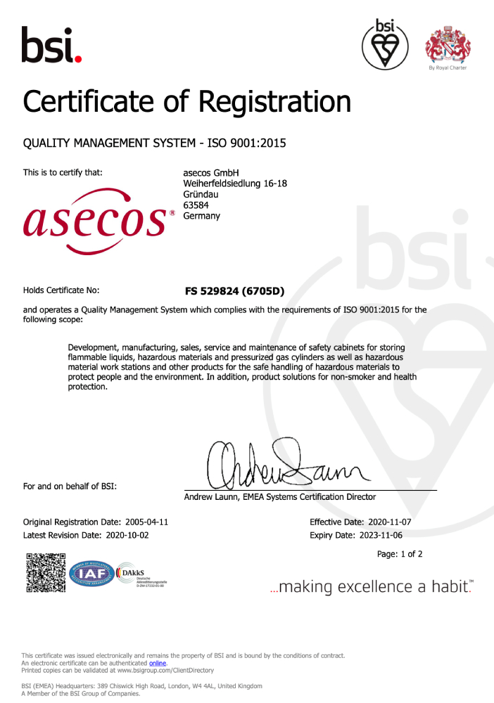 Сертификат ISO 9001-2015, Asecos