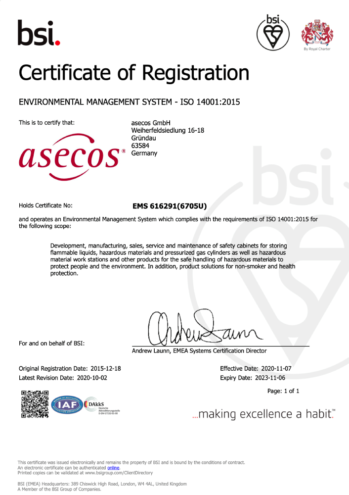 Сертификат ISO 14001-2015, Asecos