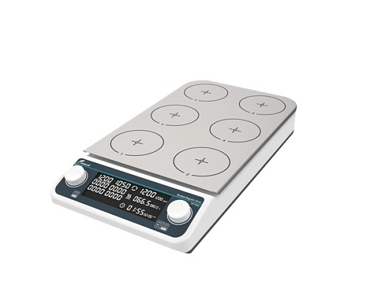 Мешалка магнитная, объем по воде 0,5 л на 1 место, 6 мест, платформа 110×110 мм на 1 место, нагрев до 120 °С, 50-1200 об/мин, MHS6Pro, Joan, Китай