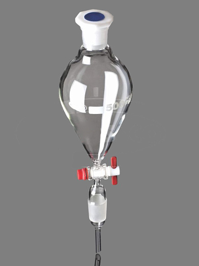 Воронка делительная, 250 мл, грушевидная, шлиф 29/32, запорный клапан из PTFE, с раструбом и конусом, пробка ПП, 1 шт./уп., Glassco