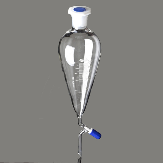 Воронка делительная, 250 мл, грушевидная, шлиф 29/32, с градуировкой, с игольчатым клапаном, пробка ПП, 1 шт./уп., Glassco