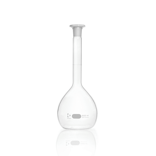 Колба мерная, 1000 мл, класс В, d горла 23 мм, БС, шлиф 24/29, с одной отметкой, с крышкой из РЕ, белая градуировка, 2 шт/уп,