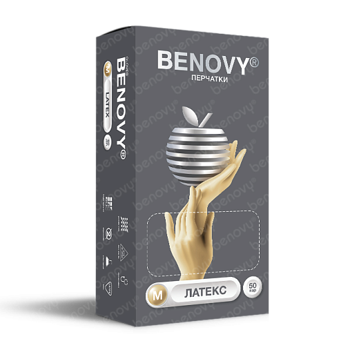Перчатки латексные, длина 24 см, натуральные, неопудр., Benovy, 50 пар/уп., упаковка, Тайланд