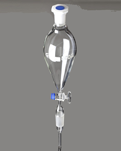 Воронка делительная, 50 мл, грушевидная, шлиф 19/26, запорный кран из стекла, с раструбом и конусом, пробка ПП, 1 шт./уп., Glassco