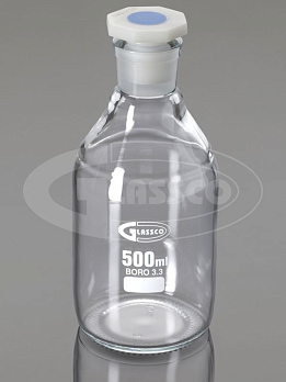 Бутыль 30 мл, БС до 500 °С, со шлифом и ПЭ пробкой, круглая, светлое стекло, 10 шт./уп., Glassco