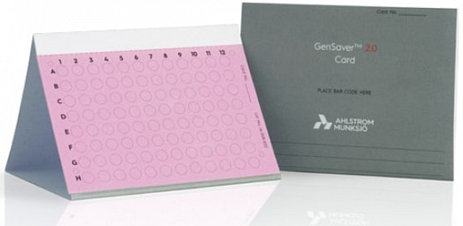 Карта GenSaver Color 2.0, слюна, моча, плазма, клетки буккального эпителия, хранение более 22 лет, до 125 мкл, 1 место, с пропиткой защищающей от роста грибов, плесени, бактерий и дрожжей, 100 шт/уп, Ahlstrom (Munktell)