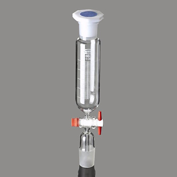 Воронка капельная, 50 мл, цилиндрическая, шлиф 14/23, запорный кран из PTFE, со стержнем внутри конуса, пробка ПП, 1 шт./уп., Glassco