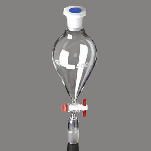 Воронка делительная, 50 мл, грушевидная, шлиф 19/26, запорный клапан из PTFE, со стержнем внутри конуса, пробка ПП, 1 шт./уп., Glassco