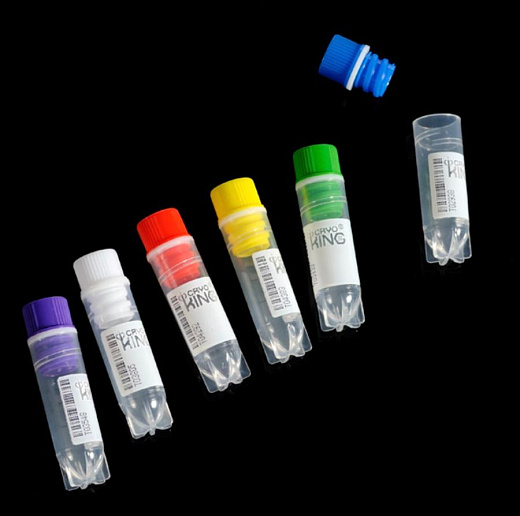 Криопробирки 2 мл, фиолетовые крышки, ПП, высота 37,7 мм, конические, с юбкой, внутренняя резьба, стерильные, матовое поле для маркировки, бесцветные, 25 шт./уп., 40 уп./кор. Фото 2