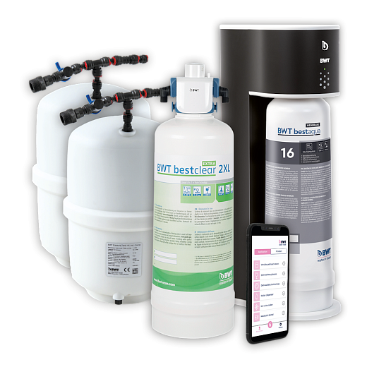 система обратного осмоса BWT bestaqua 16 ROC, фильтр деминерализации BWT bestclear 2XL, гидроаккумулятор 19 л BWT Pressure Tank