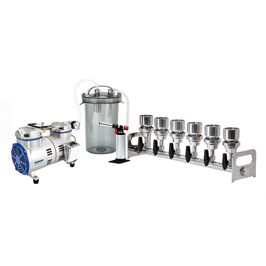 Система вакуумной фильтрации многопозиционная BioVac630B, нержавеющая сталь, 6 мест, Wiggens, Китай58 л/мин., 150 мбар, воронки 100 мл, d 47 мм