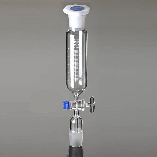 Воронка капельная, 50 мл, цилиндрическая, шлиф 29/32, запорный кран из стекла, со стержнем внутри конуса, пробка ПП, 1 шт./уп., Glassco