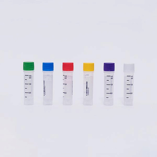 Криопробирки 2 мл, зеленые крышки, ПП, высота 45,7 мм, боковой штрих-код, конические, с юбкой, внешняя резьба, стерильные, матовое поле для маркировки, бесцветные, 25 шт./уп., 40 уп./кор. Фото 2